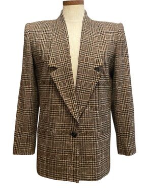 Vtg 80s Sasson Brown Plaid Houndstooth Longline Blazer 6 Preppy Corporate Chic